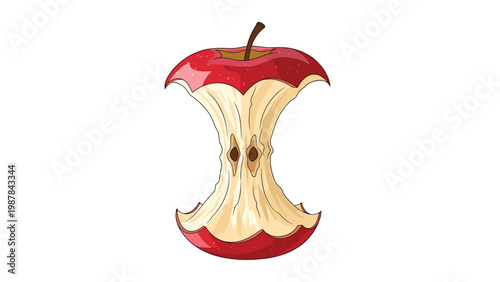 Eaten red apple core with seeds and stem remains as a central object on a clean white background in a detailed vector illustration style.