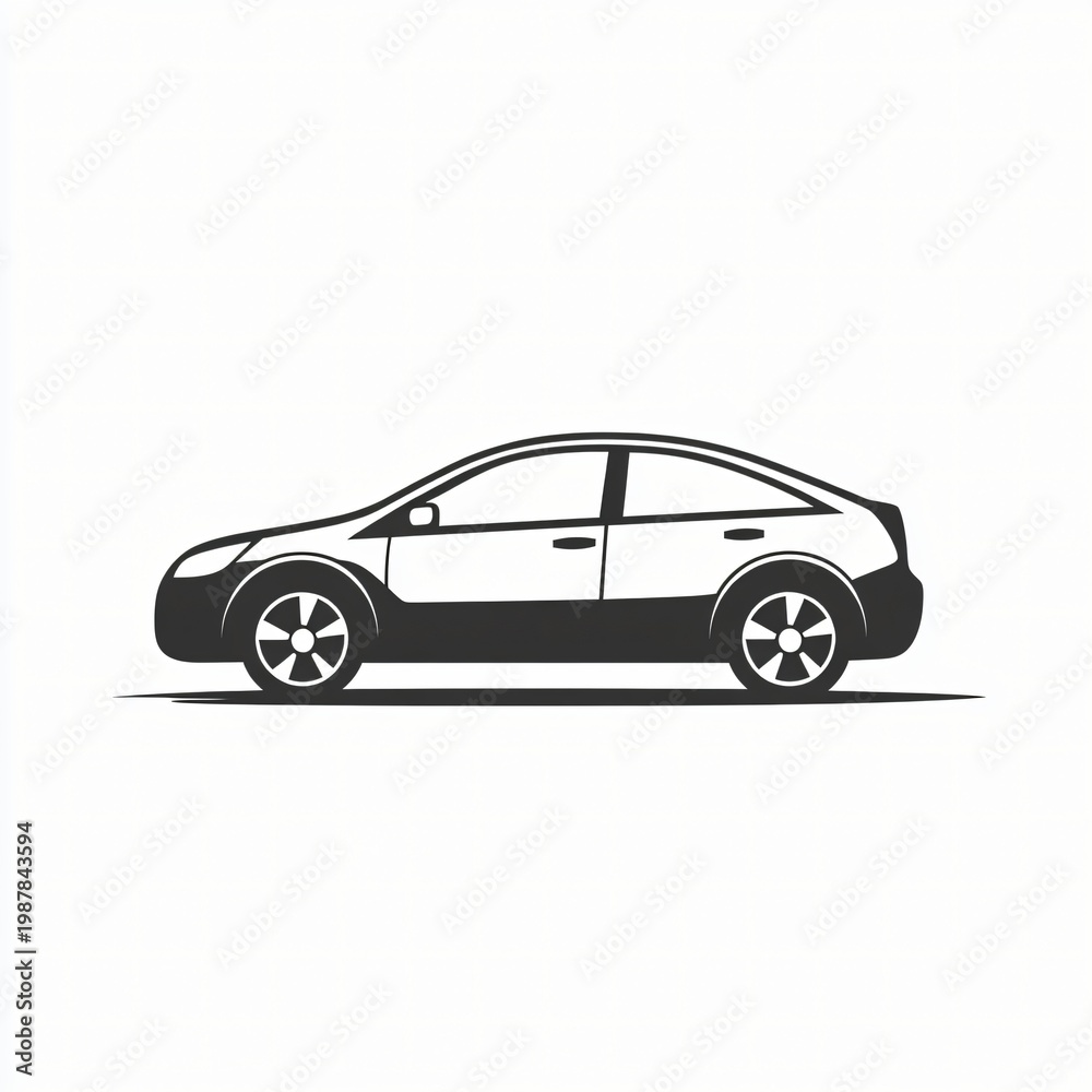 Fototapeta premium Minimal flat car icon illustration with modern sedan side view in clean monochrome style on light background