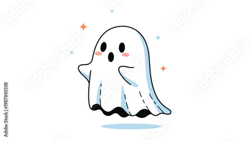 Adorable cartoon ghost character with a surprised expression surrounded by twinkling colorful stars on a white background.