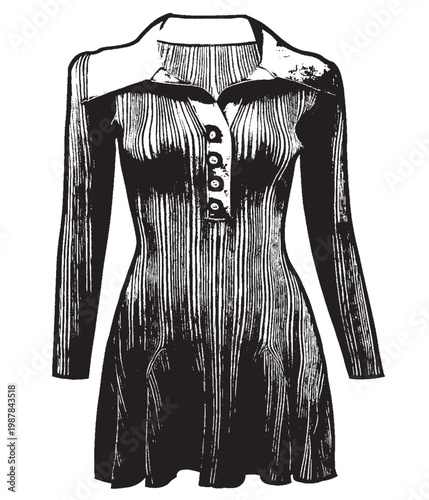 Minimalist Ribbed Knit Long-Sleeve Polo Dress with Contrast Collar