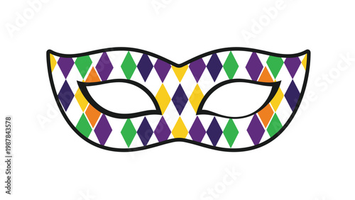 Festive masquerade mask with a colorful diamond harlequin pattern in shades of purple, green, orange, and white for carnival.