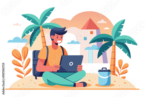 Happy digital nomad works remotely on tropical beach, enjoying the sun and island lifestyle