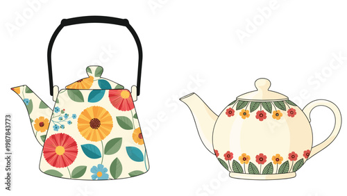 Two decorative ceramic teapots with beautiful floral patterns in different styles and shapes for kitchen and tea time themes.