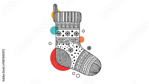 Ornate Christmas stocking illustration with intricate patterns and snowflakes surrounded by colorful geometric shapes.