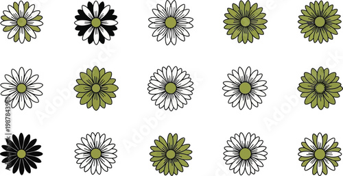 Various colored daisy flowers in different line styles on white daisies white background line black