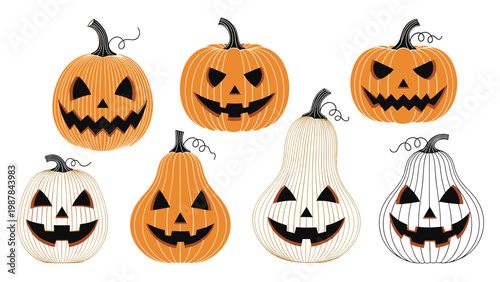 Collection of various orange and white carved Halloween pumpkins with spooky faces and different shapes for festive decor.