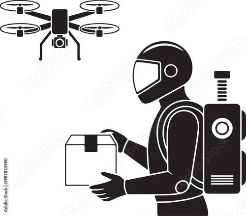Vector silhouette of a robot Santa delivering presents with drones 2