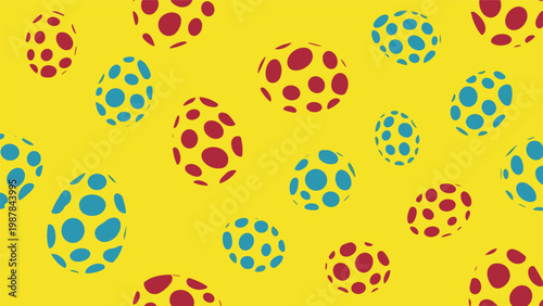 Vibrant pattern of red and blue spotted eggs scattered on a bright yellow background for a festive and playful design.