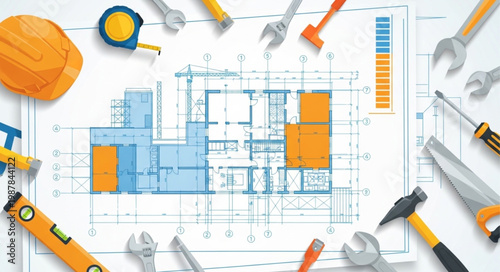 Architectural blueprints with construction tools and safety helmet.
