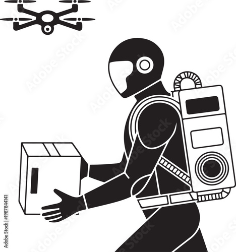 Vector silhouette of a robot Santa delivering presents with drones 2
