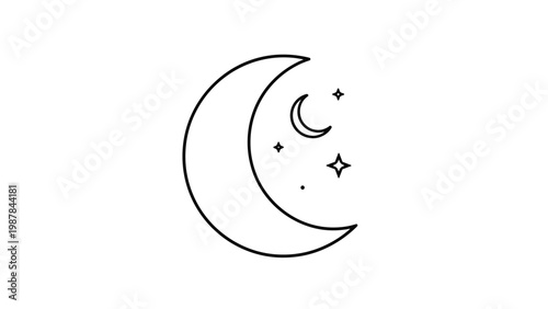 Simple black and white line art illustration of a large crescent moon accompanied by a smaller moon and several stars.