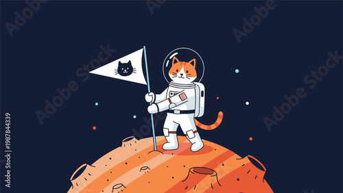 Whimsical illustration of an orange cat astronaut standing on a cratered moon surface and planting a flag with a black cat logo.