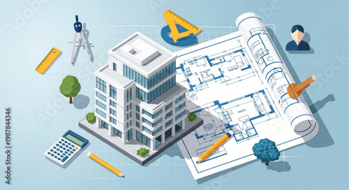 Architectural building model and blueprints with drafting tools and calculator.