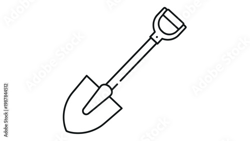 Simple black and white line art illustration of a garden shovel with a handle and spade for gardening and construction themes.