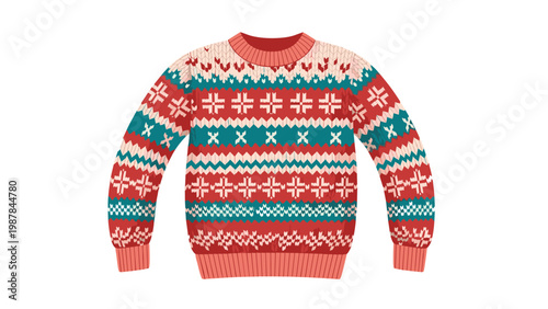 Cozy and traditional knit sweater featuring a complex multi-colored pattern of snowflakes and geometric shapes in red, teal, and pink.