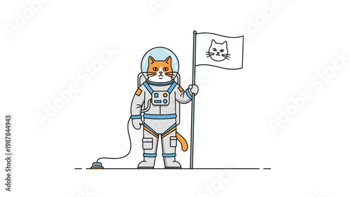 Whimsical illustration of a ginger cat dressed as an astronaut standing in space and holding a white flag with a cat face emblem.