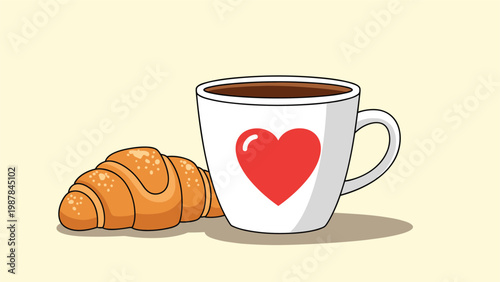 Cup of steaming hot coffee with a heart pattern next to a fresh golden croissant for breakfast and morning routine concepts.