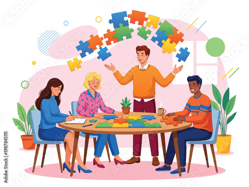 Cartoon people sitting at table with puzzle pieces  teamwork and collaboration concept