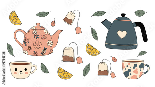 Cozy set of tea time illustrations featuring decorated teapots colorful teacups tea bags lemon slices and autumn leaves.