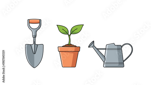 Set of three gardening tools including a metal shovel a small potted plant and a classic watering can for hobby and garden concepts.