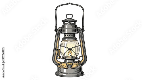Vintage oil lantern with glass globe and burning flame inside is illustrated in a classic retro sketch style on white background.
