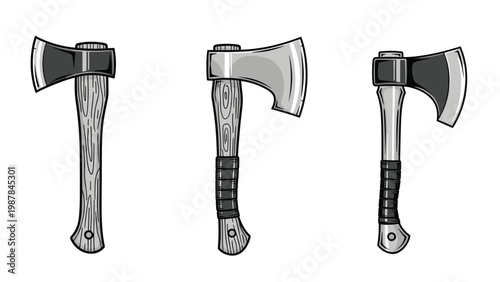 Collection of three different hand axes with wooden and wrapped handles is shown in a detailed black and white sketch style.