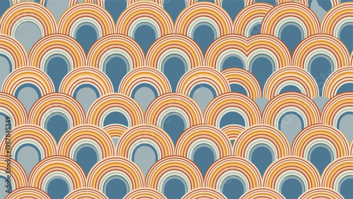 Vibrant retro seamless pattern of repeating colorful arches in warm tones on a blue background creates a stylish vintage aesthetic.