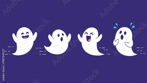 Four adorable little ghosts displaying different happy and surprised expressions float across a deep purple background in a playful style.