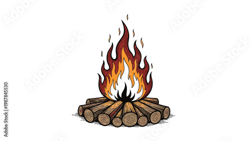 Vintage hand-drawn illustration of a burning campfire with detailed wooden logs and flickering orange and red flames on white background.