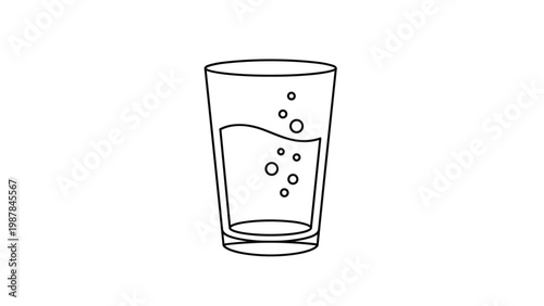 Minimalist black and white line illustration of a glass of refreshing water filled halfway with tiny rising bubbles on white background.
