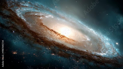 Spiral galaxy viewed from deep space with glowing nebula and dense stars, dramatic universe background
