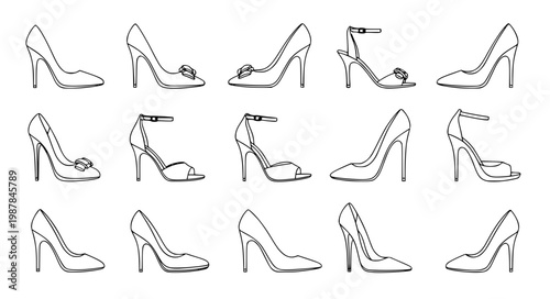Elegant High Heel Shoes Line Art Vector Set Minimal Fashion Footwear Outline Collection