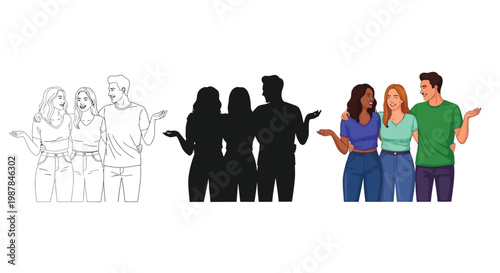 Three diverse friends standing together in a friendly pose shown as a line art outline a black solid silhouette and a colorful detailed vector illustration