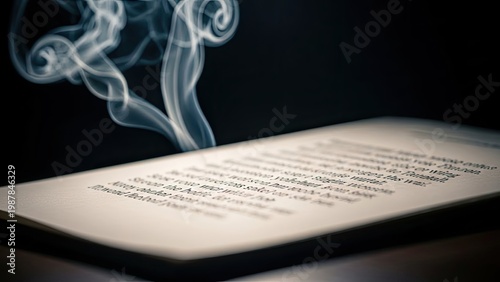 A white paper with text is illuminated with soft light and wispy smoke in front of black background