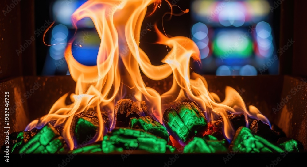 Fototapeta premium Close-up of vibrant flames dancing above glowing embers, a cozy scene with bokeh lights in the distant background. Warm light contrasts with a dark enclosure