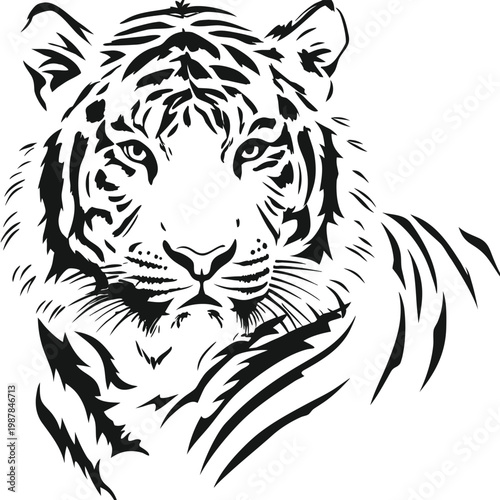 Black and white tiger face illustration hand drawn vector art