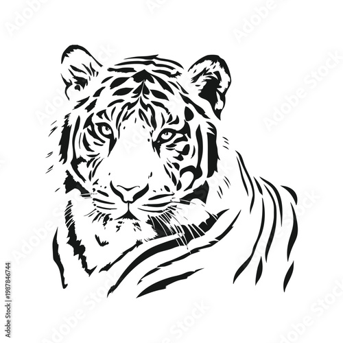 Black and white tiger face illustration hand drawn vector art