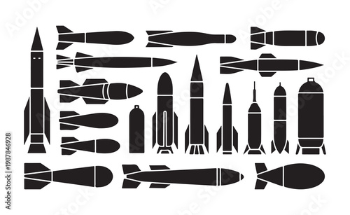 Set of black silhouettes of bombs and missiles. various types of explosive devices and projectiles collection.