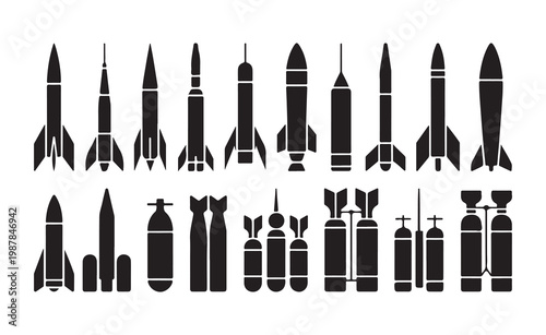 Set of black silhouettes of various rockets and bombs. military arsenal and destructive weapons collection.