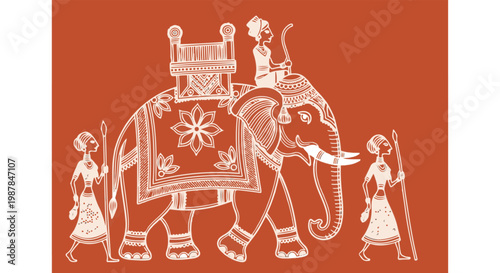 Traditional Warli art illustration of royal elephant procession, ethnic Indian folk art vector, tribal cultural heritage motif with guards isolated PNG with Transparent Background
