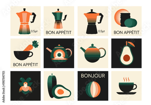 Minimalist Retro Kitchen and Coffee Illustration Set featuring Moka Pots, Teapots, Avocado, and Healthy Food Icons in a Mid-Century Modern Bauhaus Style