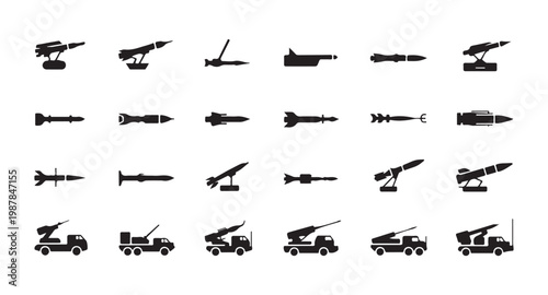 Set of missile icons, rockets and military launch systems for defense and war technology in graphic design.