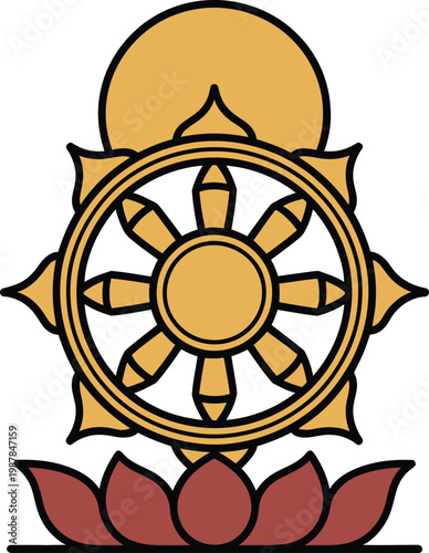 Dharma Wheel symbol on lotus flower and sun in flat design for Buddhist concept
