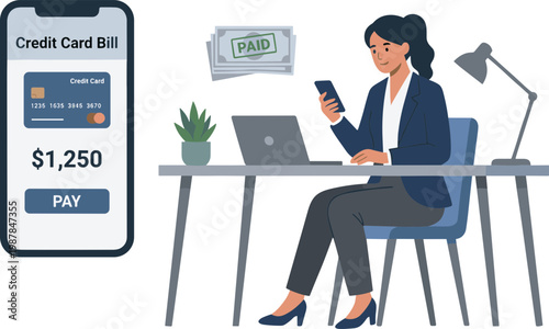 Woman pays bills on laptop at desk with phone and cash