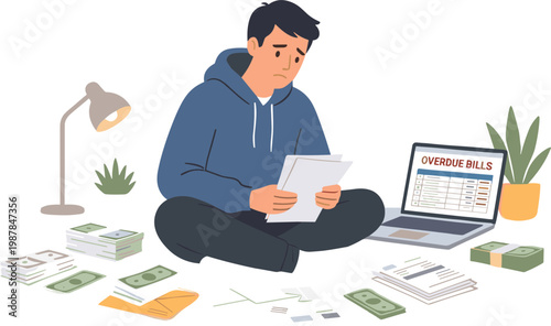 A man sits cross-legged on the floor surrounded by bills and money while using a laptop.