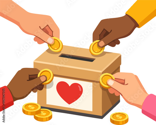 Diverse Hands Donating Coins into Charity Box — Multicultural People Giving Money to Donation Box with Heart Symbol for Fundraising, Generosity, and Nonprofit Concept