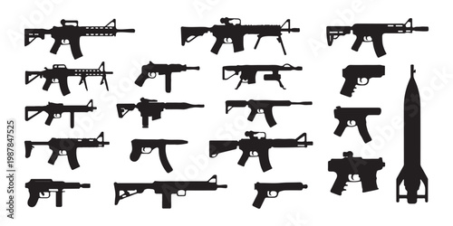 Assault rifle silhouettes collection featuring various machine guns handguns and ballistic missile for web design.