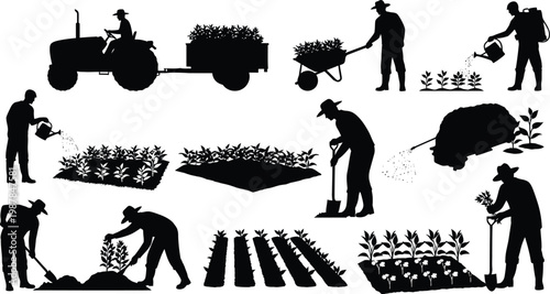 Farmers Planting Gardening Silhouettes on White Background