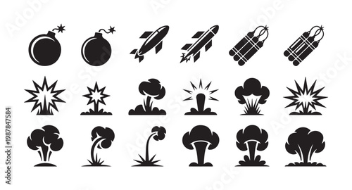 Explosive blast symbols bundle containing round bombs flying missiles and dynamite sticks with mushroom smoke clouds.