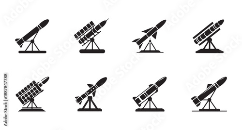 Set of eight missile launch systems icons black silhouettes isolated on white background military weapons vector.